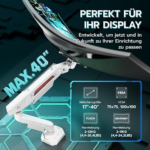 ARES WING Monitor Halterung für 17"-40" Flach/Curved Bildschirm, Monitor Arm Tragfähigkeit Max 12 kg,Höhenverstellbar Bildschirmhalterung,75/100mm Vesa-Halterung, Tischhalterung,Weiß thumbnail 2