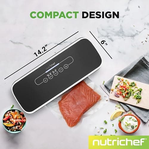 NutriChef Automatic Food Vacuum Sealer, Electric Air Sealing Preserver System for Dry and Moist Foods, LED Control, Strong Suction, Includes Bags, Wine Stopper Cork, and Air Suction Hose, 14”x6”x3” thumbnail 2