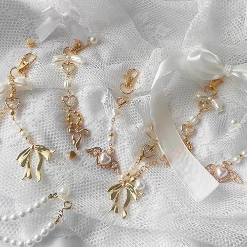 Agromusk Gold Bow Keychain Bag Charms for Women Heart Pearl Beaded Coquette Aesthetic Purse Charms thumbnail 2