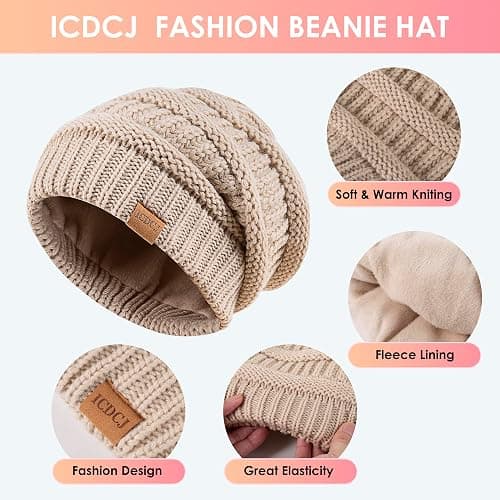 Women's Beanie Hat Gloves Set, Fleece Lined Winter Hat with Touchscreen Gloves for Cold Weather thumbnail 2