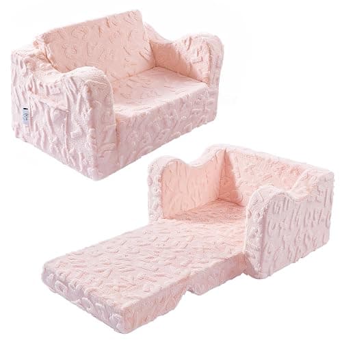 KokoSelene Toddler Chair, 2-in-1 Soft Toddler Couch Fold Out, Convertible Kid Sofa to Lounger, Comfy Kids Couch for Girls and Boys (Pink) - Pink - Image 1