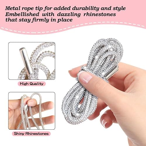 HERSAUL Bling Shoe Laces for Sneakers & Concert Outfits - 2PCS Rhinestone Sparkle Laces, Metallic Glitter Rope for Boots, Hoodies, Rave Costumes, Festival Accessories (47" Length, Silvery) thumbnail 3