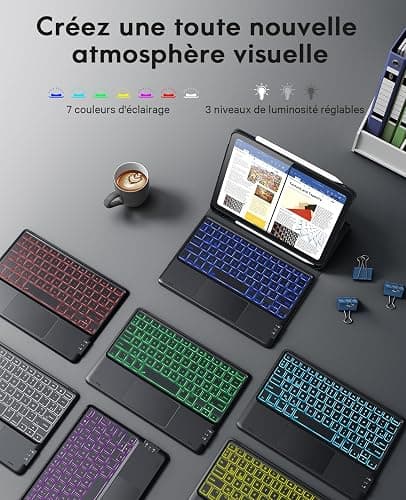 Earto Clavier iPad 10eme Generation/11 Generation A16(2025), Coque Clavier iPad 10eme Generation avec Touchpad, Eclairage 7 Couleurs, Rechargeable AZERTY, Noir thumbnail 4