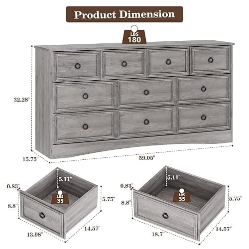 HolliWill Grey 10 Drawer Dresser, 59" Large Dresser for Bedroom, Wood Chests of Drawers with Textured Borders, TV Stand for 70 inch TV, Rustic Storage Dressers Organizer for Bedroom, Hallway thumbnail 3