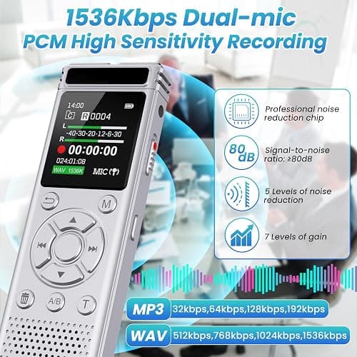 136GB Digital Voice Recorder with Playback,9000 Hours Audio Recording Device,Voice Activated Recorder with Noise Reduction,A-B Repeat,Mp3 Player&Password for Lectures/Meeting/Classes/Interviews,Silver thumbnail 3