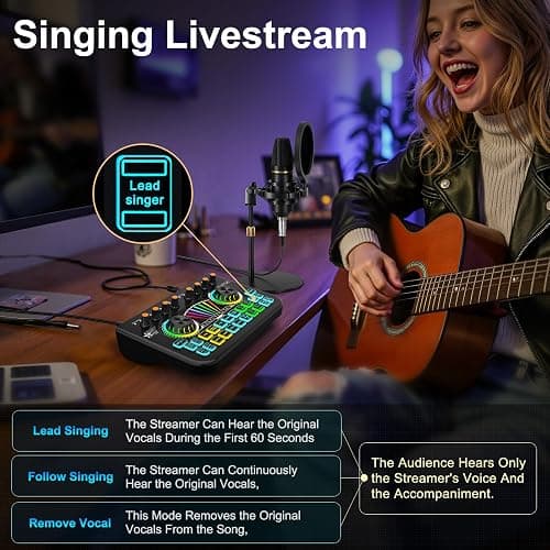 Podcast Microphone Bundle with Live Sound Card Audio Mixer, Podcast Equipment Bundle with 3.5mm Condenser Microphone for Pc/Phone Live Streaming Singing Gaming, Sound Board with Voice Changer, Denoise - Audio mixer+MIC(700) thumbnail 6