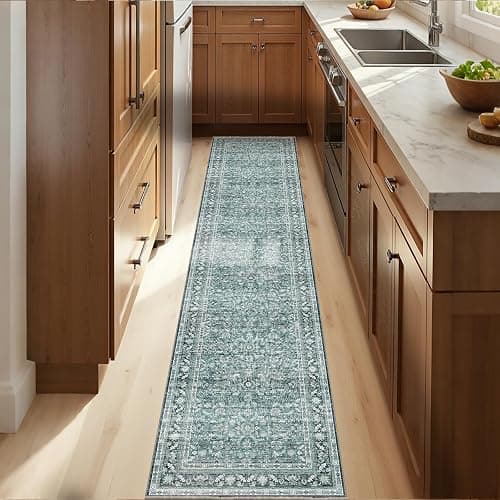 OPPODREAM Vintage Teal 2x10 Runner Rug, 2 x 10 Retro Washable Rug Non Slip, Low-Pile Faux Wool Carpet, Soft Distressed Floor Mat for Kitchen, Hallway, Entry-Way, Entrance, Indoor Back Door - Image 1