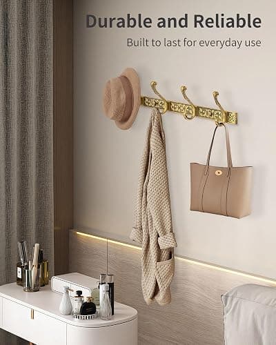 RIXIGOOD Vintage Coat Rack Wall Mount, Decorative Wall Coat Rack with 4 Hooks for Hanging Key Purse Hat Robe Towel Clothes Unique Hanger for Bathroom Shower Entryway Antique Brass 1 Pack thumbnail 5