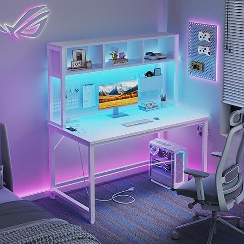 White Computer Desk with Hutch and Pegboard - Computer Desk with Power Outlets, 47 Inch Modern Study Teen Desk with Pegboard Storage Bag, Hooks and Side Bag,Writing Desk for Bedroom Home Office - White - 47.2" thumbnail 4