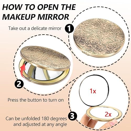 EYIWEITING Oval Mini Portable Metal Folding Mirror, Beautiful and Elegant, Sturdy and Durable, 1X/2X Magnifier. (Oval Pattern Bronze) thumbnail 4