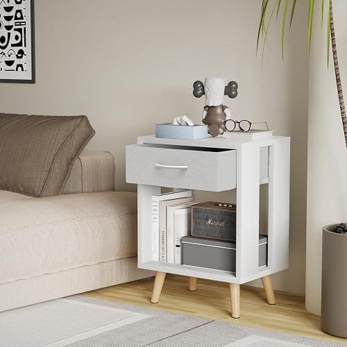 Nightstands Set of 2 with Fabric Storage Drawer and Open Wood Shelf, Side Table with Storage for Bedroom, Bedside Tables - 23.7" H White thumbnail 5