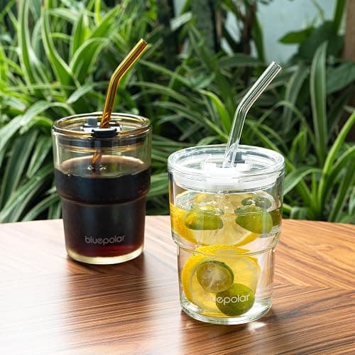 BLUEPOLAR 13oz/400ml Glass Water Tumbler with Straw and Lid Sealed Carry On Thick Wall Iced Coffee Cup Glass Cup for Water, Iced Tea Fruit Juice Etc (Amber thumbnail 2