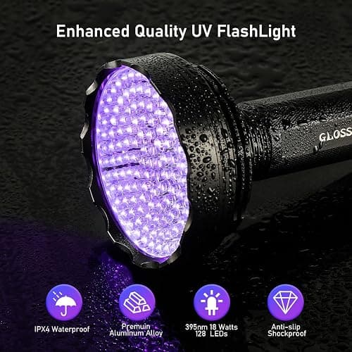 GLOSSDAY Blacklight Flashlight,128 LED UV Flashlights, Upgraded Bright Ultraviolet Flashlight Professional Black Light for Dog/Cat, Hunting Scorpions thumbnail 2