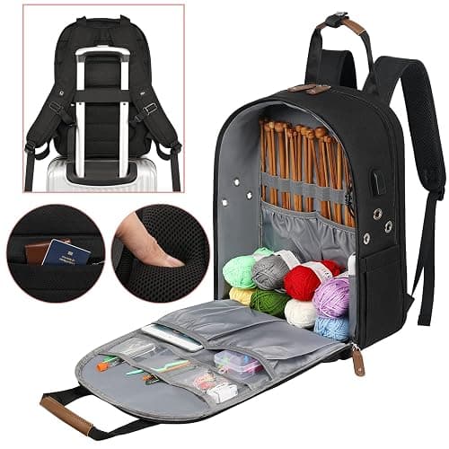 SINVICKO Crochet Bag, Knitting Bag Backpack and Totes Organizer with USB Charging Port, Large Yarn Storage Tote Bag thumbnail 4