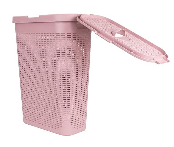 Mind Reader 40L Slim Laundry Hamper, Clothes Basket, Lid, Wicker Design, Plastic, 18"L x 10.4"W x 23.5"H, Pink - Pink - Single thumbnail 5