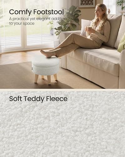 SONGMICS Storage Ottoman, Foot Stool, Round Ottoman with Padded Seat, Foot Rest with Wood Legs, Small Table, for Hallway, Living Room, 12.2 Inches, Teddy Fleece, White ULOM515WD01 thumbnail 4