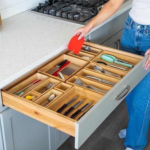 Grow Forward Bamboo Drawer Organizer Boxes - Set of 14 Wooden Drawer Organizers for Kitchen, Bathroom, Office, Desk, Vanity, Makeup - Non-Slip Junk Drawer Organizer Trays for Storage and Organization thumbnail 6