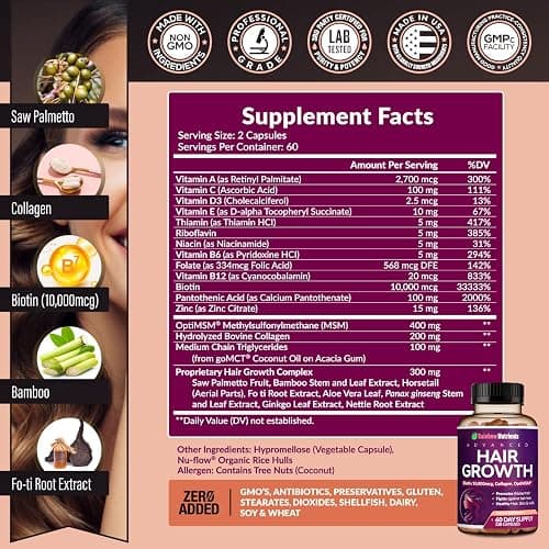 Hair Growth Vitamins for Women | Biotin 10,000mcg, Collagen, Patented OptiMSM®, goMCT®, Saw Palmetto | Naturally Regrow Stronger & Healthier Hair, Skin and Nails | Stops Hair Loss | 60 Day Supply thumbnail 2