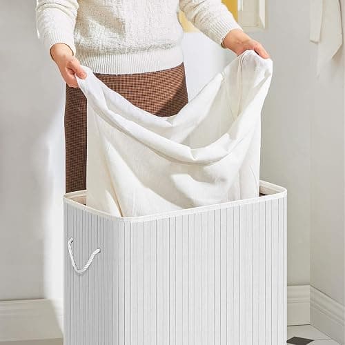 SONGMICS - Laundry Basket with Lid - Bamboo Laundry Basket with 2 Sorting Compartments, Removable Bag, Cotton Handles - Volume 100L, for Laundry Room, Bedroom - White -LCB64WT thumbnail 5
