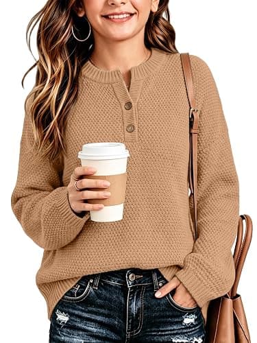 Girls Winter Sweaters 2026 Fashion Teen Tops Henley Kids V Neck Long Sleeve Loose Shirts Fall Warm Clothes - Image 1