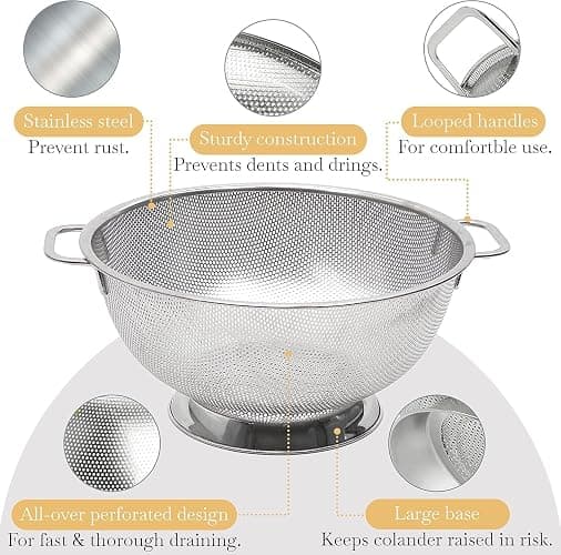 Bellemain Colander for Kitchen – 5 Qt Stainless Steel Strainer with Handle - Pasta Strainer Bowl for Pasta, Spaghetti, Vegetables, Fruit, and Pot Draining - Stainless Steel Colander thumbnail 4