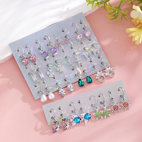 16 Pairs Hypoallergenic Silver Small Hoop Dangle Earrings Set for Girls Women Cute Heart Cat Butterfly Pearl Bow Huggie Hoop Dangle Earrings for Little Girls Kids Jewelry Gift thumbnail 5