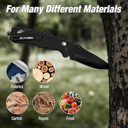 FLISSA Folding Pocket Knife with Clip, Glass Breaker and Seatbelt Cutter, Survival Knife for Emergency Rescue Situations, EDC Knife for Tactical, Hunting, Camping, Outdoor, Unique Gifts for Dad, Father-Black thumbnail 9