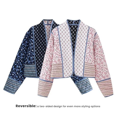 Omoone Women's Cropped Floral Reversible Quilted Jacket Cardigan Printed Lightweight Open Front Padded Puffer Coat thumbnail 3