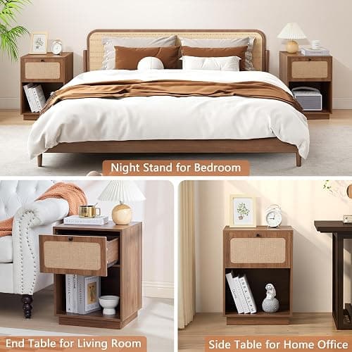 SUJOUCRAFT 16" Nightstands Set of 2, Mid-Century Vintage Wooden Night Stand with Drawer and Open Shelf, Linen Decor Farmhouse Side Table End Tbale for Bedroom, Dorm, Living Room (Walnut) thumbnail 8