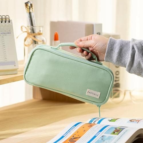 EASTHILL Large Capacity Pencil Case Pen Pouch Organizer Canvas Pencil Bag with Handle School Supplies for Teen Girls-Green thumbnail 6