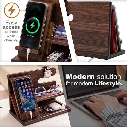 TESLYAR Wood Phone Docking Station for Men - Desktop or Nightstand Organizer - Birthday Gifts for Men, Dad - Anniversary Idea from Wife - Key Holder, Stand Wallet, Watch & Essentials (Bourbon Brown) thumbnail 4