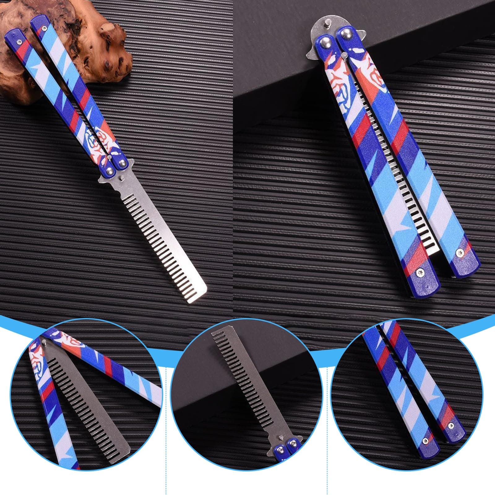 Butterfly Comb, Stainless Steel Folding Practice Combs, 3D Color Printing Tactical Butterfly-Open Pattern Trainer for Sport Outdoor Use (Blue) thumbnail 4
