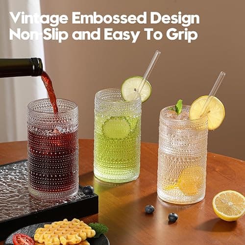 Akutaa Vintage Hobnail Drinking Glasses Set of 12, 16 oz Large Capacity Embossed Clear Tumblers, Highball Glasses for Water, Cocktail, Beer, Whiskey, Kitchen & Bar Use thumbnail 5