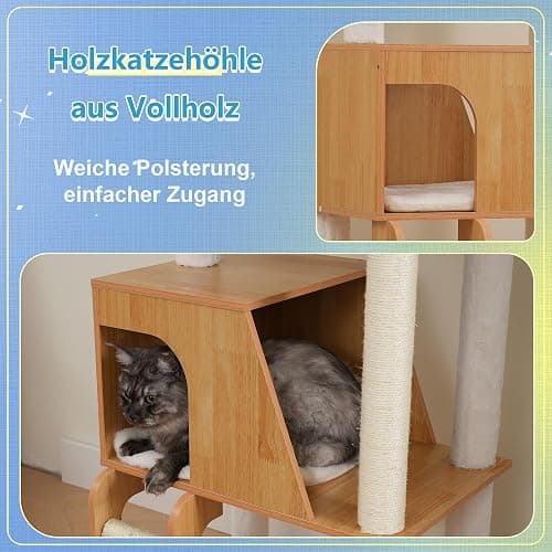 Hey-brother Holz Kratzbaum, 184cm Katzenbaum für Großkatze, mehrstöckiger Stabil Katzenkratzbaum Mit Grosse Plattformen, Korb, Katzenhöhle, Kämmmaschine und Leiter, Noyer EMPJ121WB thumbnail 6