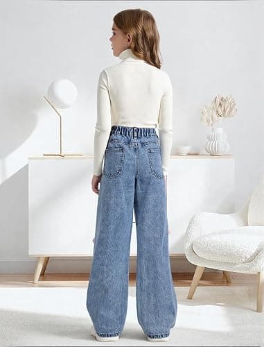 Peakpride Baggy Jeans for Girls Wide Leg High Elastic Waisted Cute Bow Denim Y2k Pant Trendy Boyfriend Skater Streetwear thumbnail 3