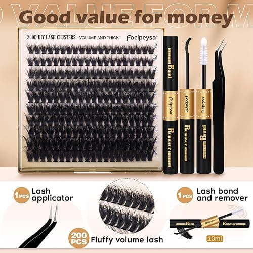 Focipeysa Lash Extension Kit Thick Eyelash Extension Kit 10-18mm Fluff Volume Lash Clusters 200D Individual Eyelashes Kit with Lashes Bond, Lashes Remover, Lash Tweezers, DIY Lash Extension thumbnail 5