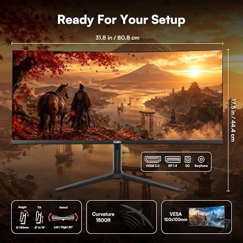 DJiEX 34 Inch Ultrawide Curved Gaming Monitor, 180Hz, Height Adjustable | WQHD 3440x1440, 1500R, 4000:1, 127% sRGB, FreeSync, 16.7M, Curvature & 178° Viewing Angle, Base for Computer, Business thumbnail 6