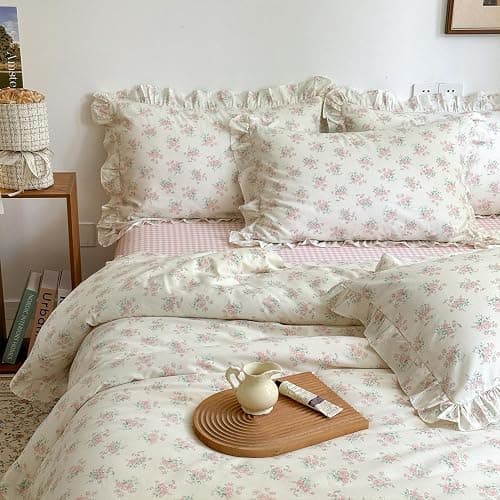 MKXI Queen Size Pink Floral Comforter Set - 3 Piece Ruffled Lace Bedding Set 1 Queen Comforter with 2 Pillowcases All Seasons, Soft Aesthetic Princess Style Floral Comforter for Girls, Women - Image 1