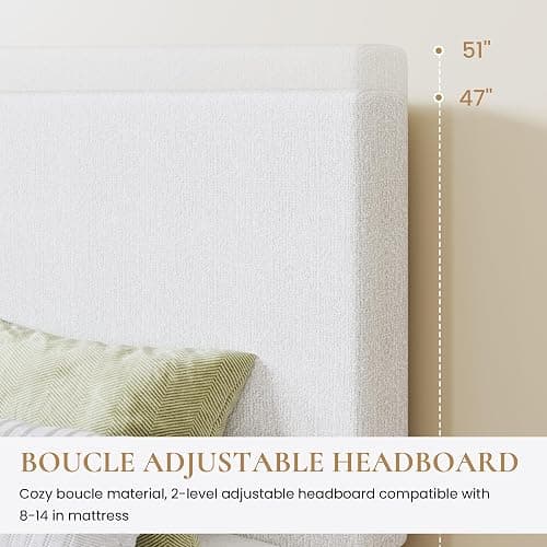 SHA CERLIN Boucle Upholstered Full Size Bed Frame, White | Platform Bed with Adjustable Headboard, Wooden Slats Support, No Box Spring Needed, Noise-Free, Easy to Assemble thumbnail 4