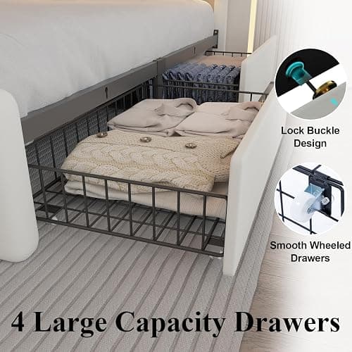 Full Size Bed Frame with 4 Storage Drawers and LED Lights, Upholstered Platform Bed with Adjustable Headboard and Charging Station, Metal Slats Support, No Box Spring Needed,Easy Assembly, White thumbnail 5