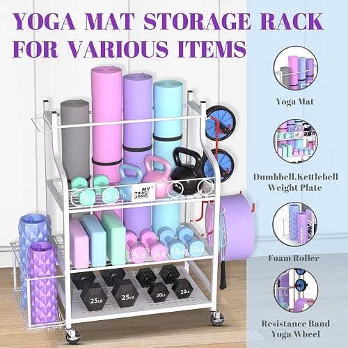 Mythinglogic Yoga Mat Storage Racks,Home Gym Storage Rack for Dumbbells Kettlebells Foam Roller, Yoga Strap and Resistance Bands, Workout Equipment Storage Organizer With Hooks and Wheels thumbnail 2