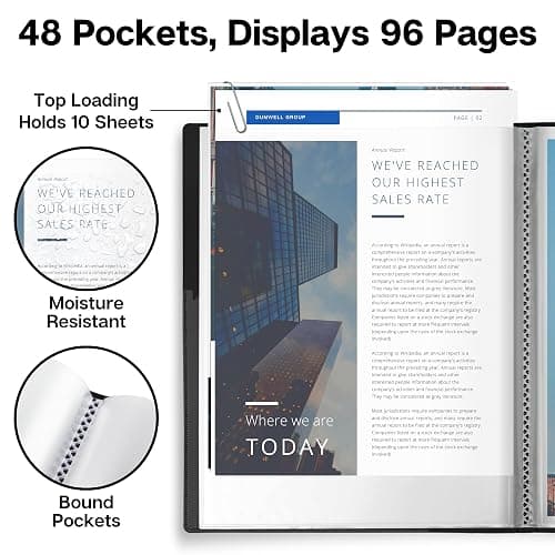 Dunwell Presentation Binder 48-Pocket, Displays 96 Pages, 8.5x11 Portfolio Binder with Plastic Sleeves, Storage and Organizer for Documents, Photos, Kids Artwork, Projects, Recipes (Black) thumbnail 4