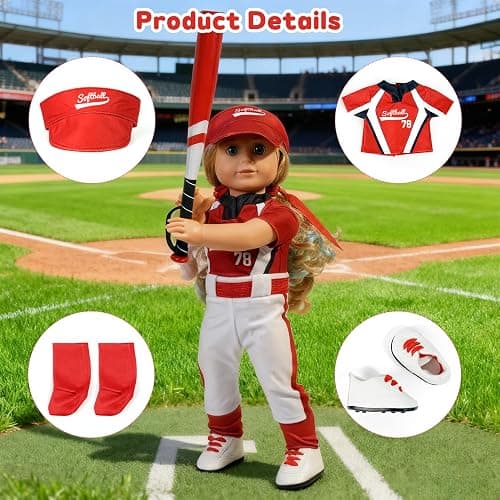 ARTST Softball Uniform Doll Outfit-American 18 inch Doll Clothes and Accessories Set Including Hat Red Baseball Clothing Bat Shoes Socks and Hairbow,Gifts for Girls&Boys(NO Doll) thumbnail 4