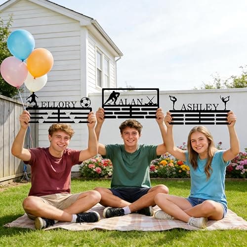 Personalized Medal Hanger Display with Name & Patterns, Custom Metal Medal Holder Display Rack Frame for Awards Ribbons, 3 Rungs Tiered Award Rack for Sports, Running, Soccer, More thumbnail 4