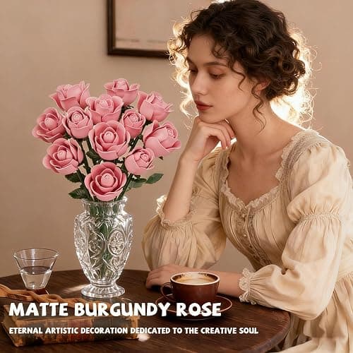 Pink Rose Bouquet Building Set,12Pcs Roses Artificial Flowers Botanical Collection Building Blocks Kit,DIY Rose Building Block Bouquet for Valentine’S Day,Mother’S Day,Home Office Decor (No Vase) thumbnail 2