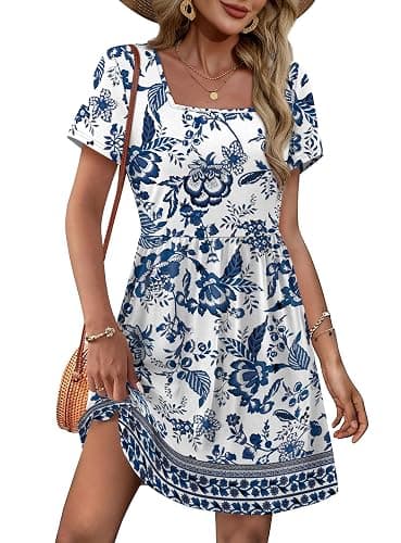 OFEEFAN Womens Summer Dresses 2025 Short Sleeve Square Neck Casual Sundresses with Pockets A-Line Color Block thumbnail 2