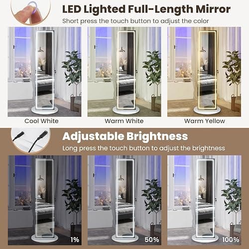 CHARMAID Swivel LED Mirror Jewelry Cabinet Armoire, Full Length Mirror with Storage, 3 Color & Adjustable Lights, Lockable Standing Jewelry Organizer with Lighted Mirror (White) thumbnail 5