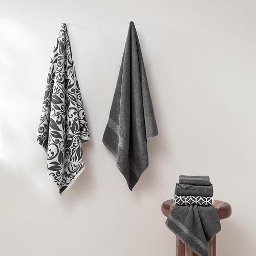 Modern Threads Trefoil Filigree 6-Piece 100% Cotton Towel Set – Reversible Yarn Dyed Jacquard – Includes 2 Bath Towels, 2 Hand Towels, 2 Washcloths – Absorbent, Quick Dry, Soft & Durable – Dark Gray | 6-Piece, Reversible, Yarn Dyed, Jacquard, Hand Towels, Washcloths, 100% Combed Cotton thumbnail 2