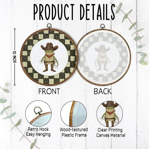 QWZDRHYJI Western Cowboy Frog Checkered Round Wall Art Decor, Whimsical Animal Green Plaid Framed Canvas Prints Wall Hanging for Kids Boy Room Nursery Playroom Decorations, 10x10 Inch thumbnail 6