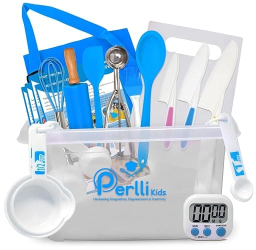 PERLLI Kids Real Cooking Set for Cooking and Baking – 31 Pc. Gift for Junior Chef with Real Utensils, Case & Safe Kids Knife Set for Boys & Girls – Fine Motor Skills & Fun for Children Ages 6+, Blue - Image 1